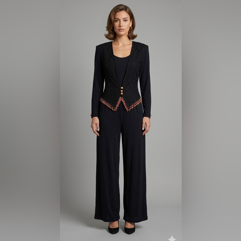 NWT RARE VINTAGE 9/10Jumpsuit W/ beaded vest shoulder pads full zip made in USA